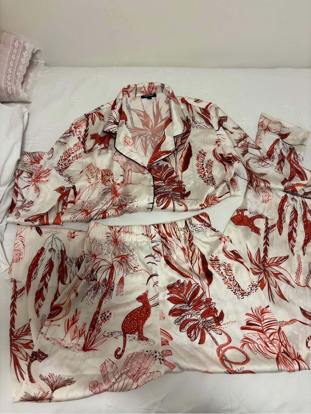 Silky Botanical-Print Pajama Set in White & Burnt Orange